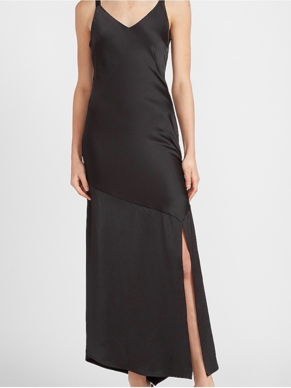 Express Black Satin Slip Dress V-Neck Straps Slit Lined Midi Dress Size Small